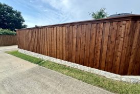 Pre-Stained Cedar Wood Fence with Stone Retaining Wall