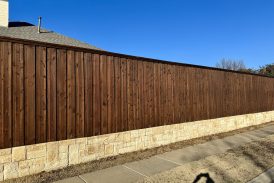 Pre-Stained Cedar Wood Fence with Stone Retaining Wall