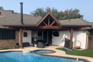 Corner Shed With Gable Patio Cover in Flower Mound, TX