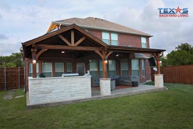 Shed With Gable Patio Cover and  Stone Columns in McKinney, TX