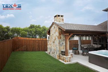 Gable Patio Cover with Stone Outdoor Fireplace in Carrollton, TX