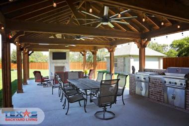 Vaulted Patio Cover with Outdoor Fireplace in Plano, TX