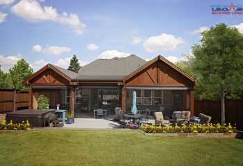 Double Gable Patio Cover on Gray Broom Concrete in  Carrollton, TX