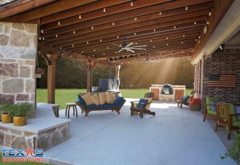 Shed Style Patio Cover and Outdoor Fireplace in McKinney, TX