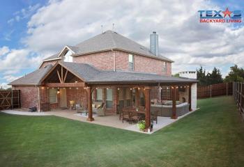 Wrap Around Patio Cover with Gable and outdoor Fireplace in Dallas, TX