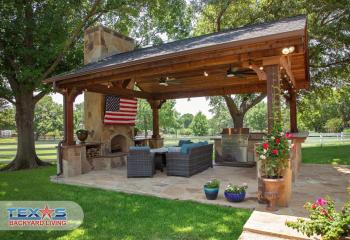 Detached Gable Patio Cover with outdoor Fireplace in Parker, TX