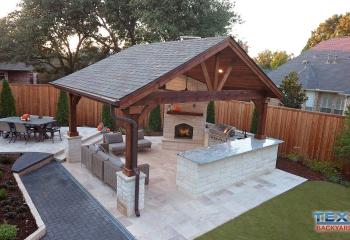 Gable Patio Cover with Outdoor Kitchen and Fireplace in Plano, TX