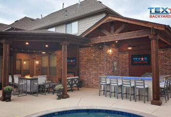 Hip and Gable Patio Cover with Outdoor Kitchen and Bar in Allen, TX